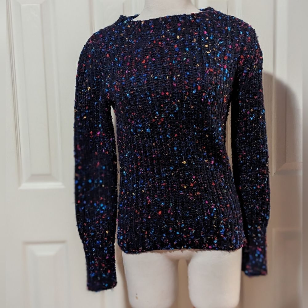 FEVER LONDON SWEATER MULTI COLOR OVER NAVY BLUE SIZE 4 MEDIUM